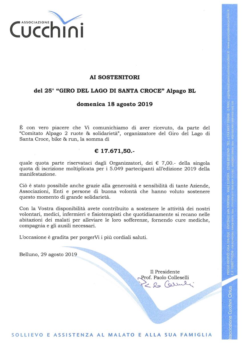 Versamento Giro del Lago di Santa Croce 2019 alla Cucchini