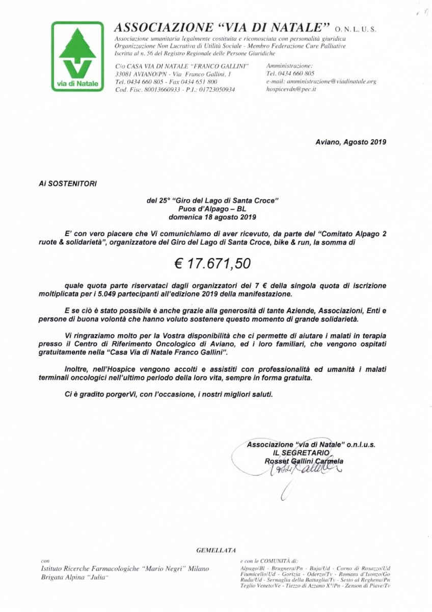Versamento Giro del Lago di Santa Croce 2019 alla Via di Natale di Aviano