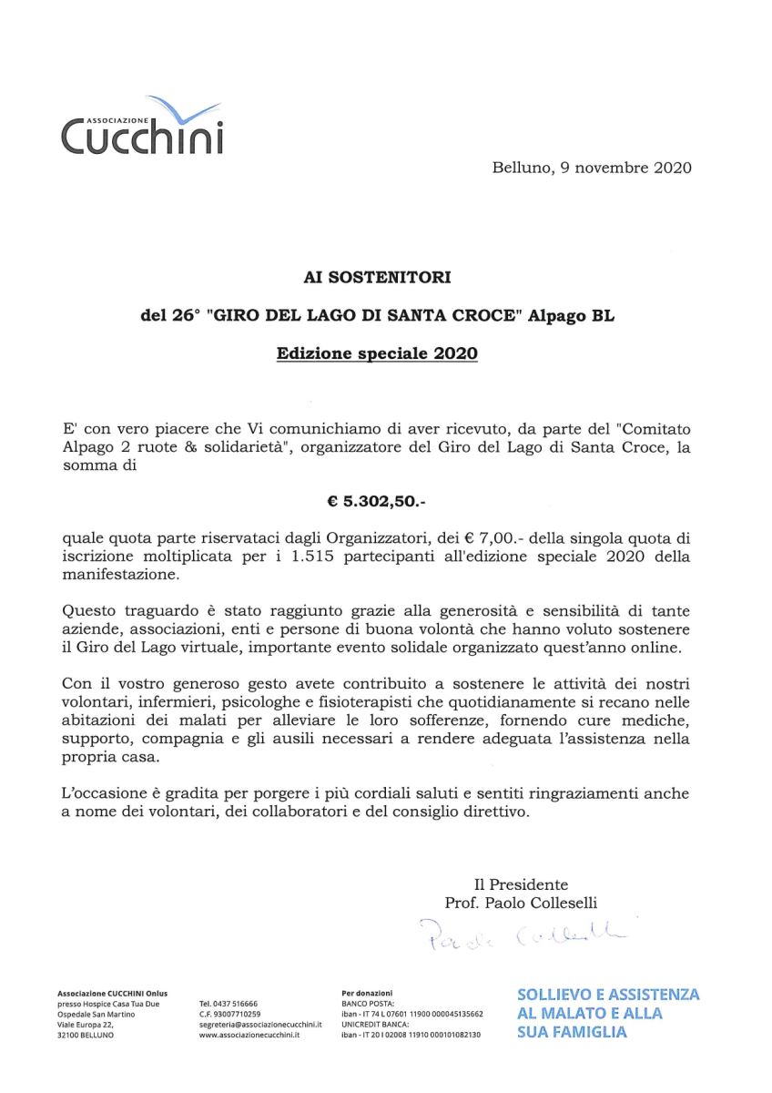 Versamento Giro del Lago di Santa Croce 2020 alla Cucchini