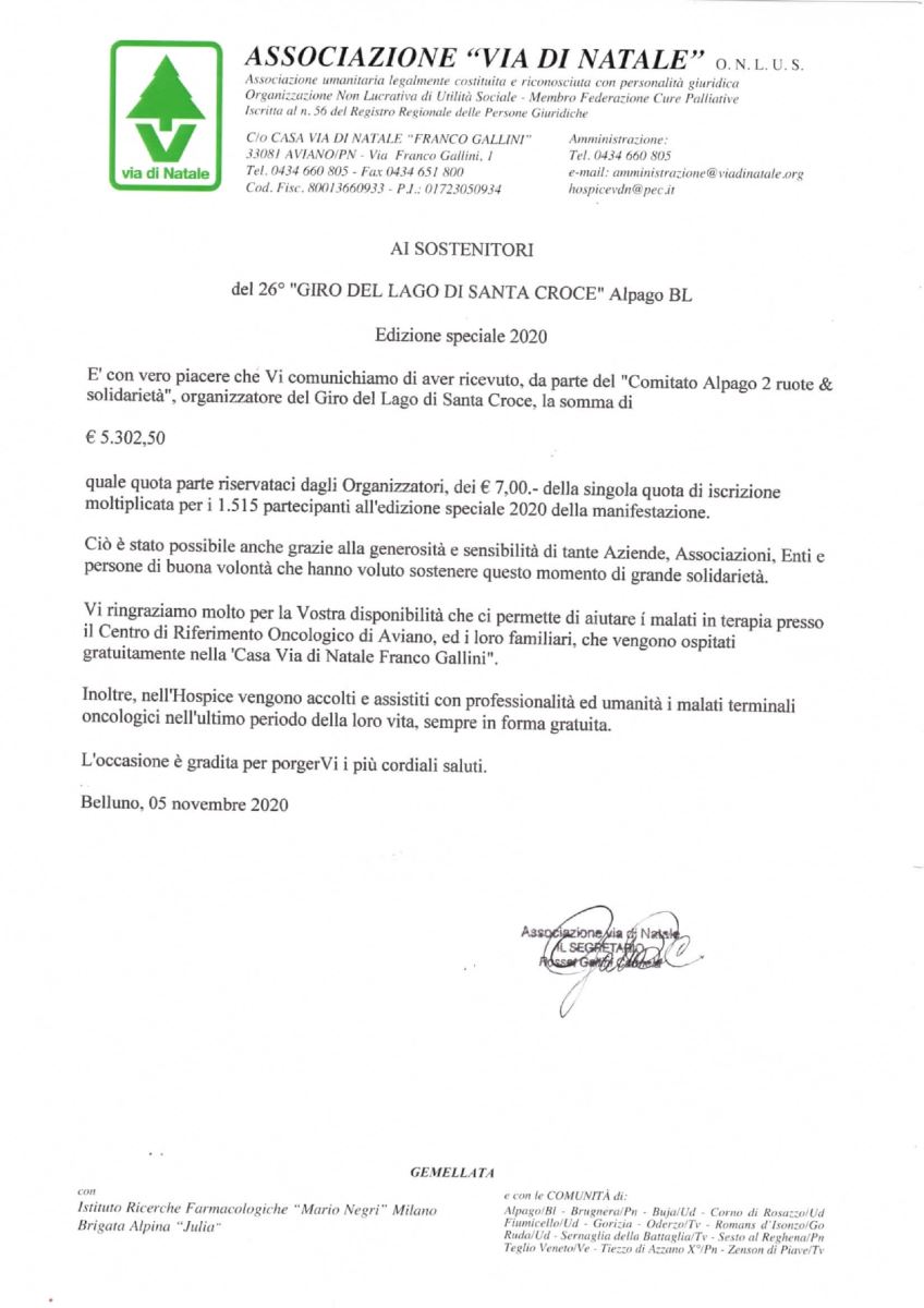 Versamento Giro del Lago di Santa Croce 2020 alla Via di Natale di Aviano